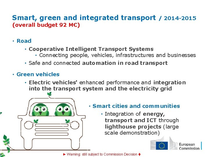 Smart, green and integrated transport / 2014 -2015 (overall budget 92 M€) • Road