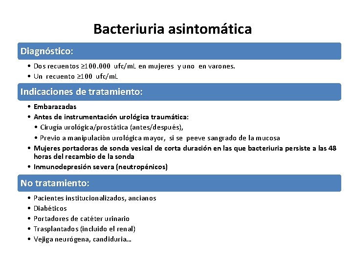 Bacteriuria asintomática Diagnóstico: • Dos recuentos ≥ 100. 000 ufc/m. L en mujeres y