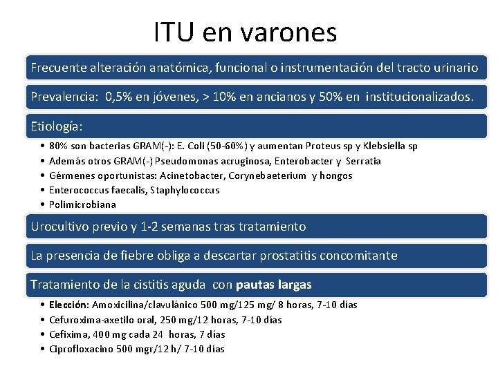 ITU en varones Frecuente alteración anatómica, funcional o instrumentación del tracto urinario Prevalencia: 0,