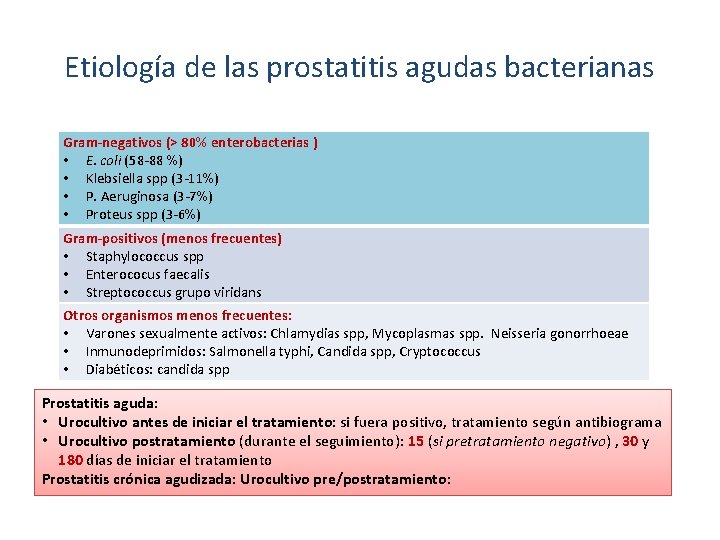 Etiología de las prostatitis agudas bacterianas Gram-negativos (> 80% enterobacterias ) • E. coli