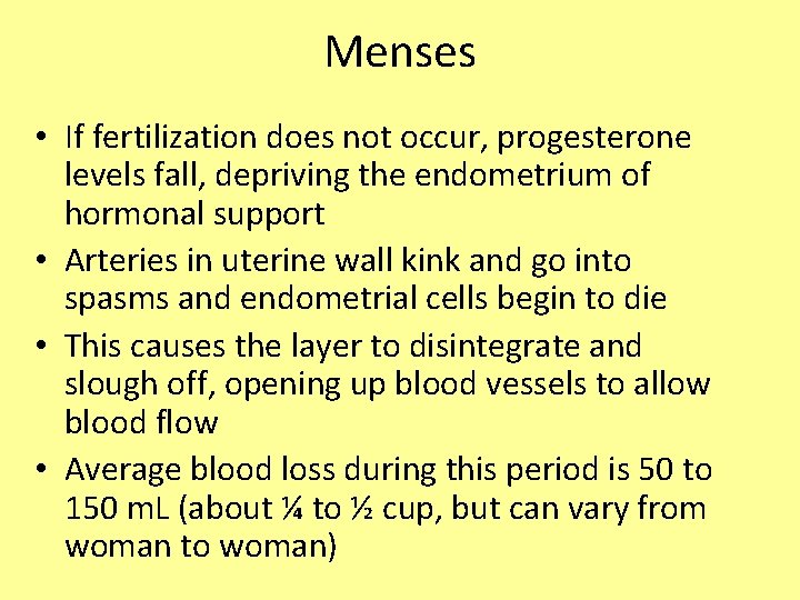 Menses • If fertilization does not occur, progesterone levels fall, depriving the endometrium of