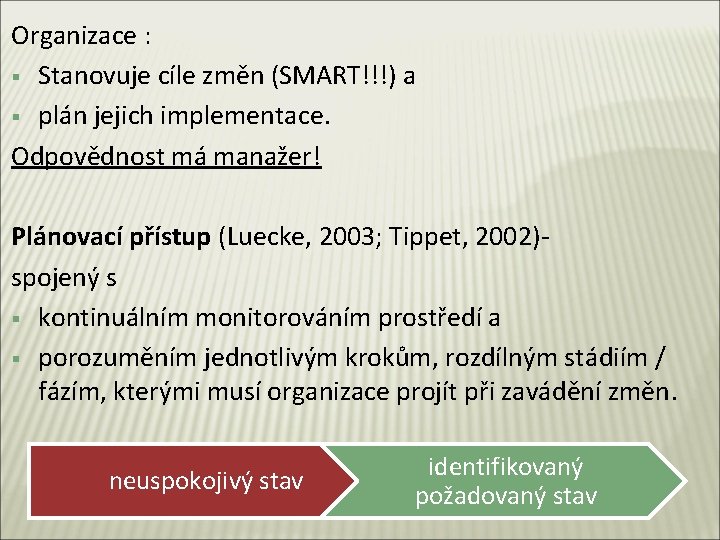 Organizace : § Stanovuje cíle změn (SMART!!!) a § plán jejich implementace. Odpovědnost má