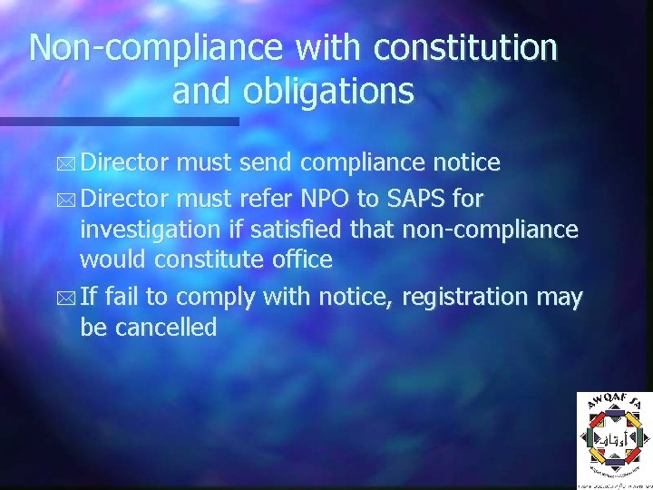 Non-compliance with constitution and obligations Director must send compliance notice Director must refer NPO