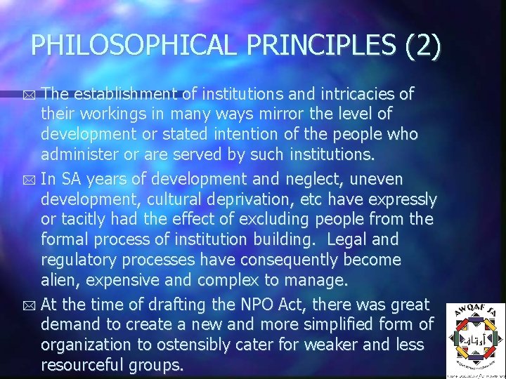 PHILOSOPHICAL PRINCIPLES (2) The establishment of institutions and intricacies of their workings in many