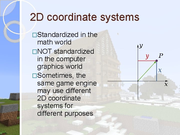 2 D coordinate systems �Standardized in the math world �NOT standardized in the computer 2 D coordinate systems �Standardized in the math world �NOT standardized in the computer