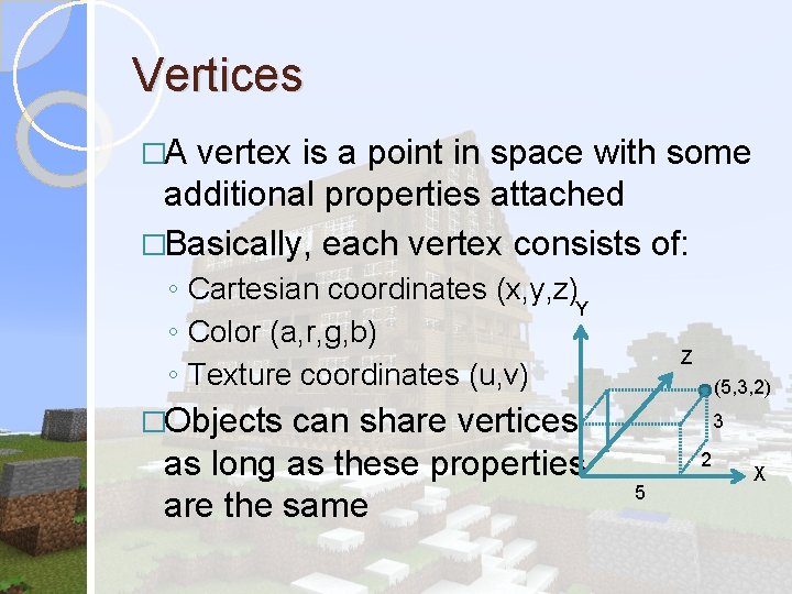 Vertices �A vertex is a point in space with some additional properties attached �Basically, Vertices �A vertex is a point in space with some additional properties attached �Basically,