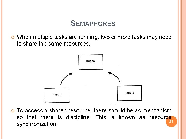 SEMAPHORES When multiple tasks are running, two or more tasks may need to share