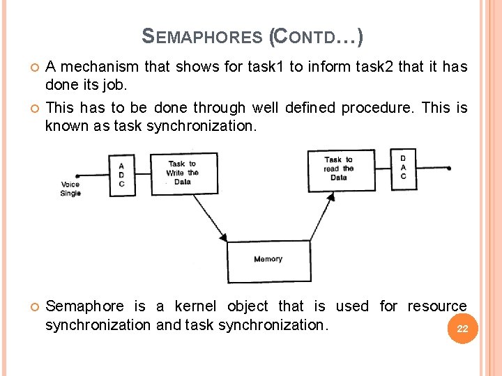 SEMAPHORES (CONTD…) A mechanism that shows for task 1 to inform task 2 that
