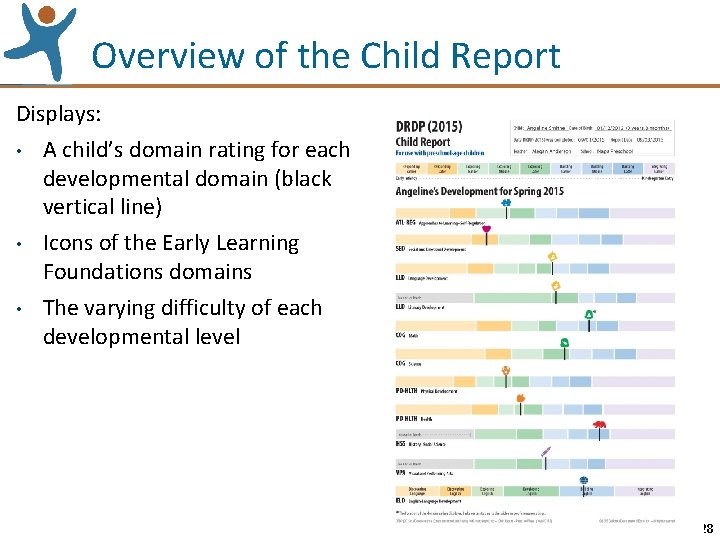 Overview of the Child Report Displays: • A child’s domain rating for each developmental