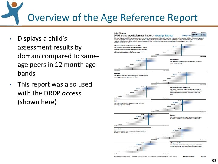 Overview of the Age Reference Report • • Displays a child’s assessment results by