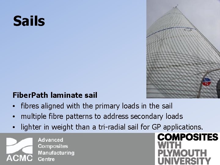 Sails Fiber. Path laminate sail • fibres aligned with the primary loads in the