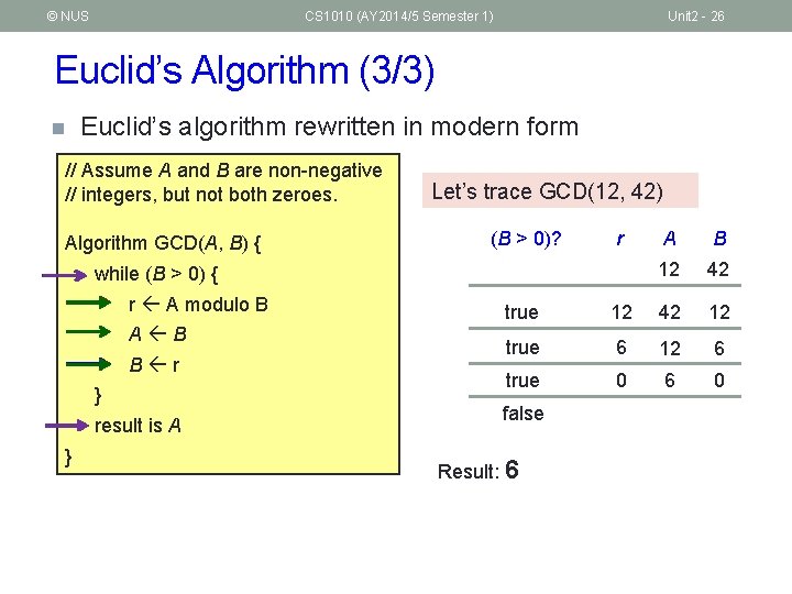 © NUS CS 1010 (AY 2014/5 Semester 1) Unit 2 - 26 Euclid’s Algorithm