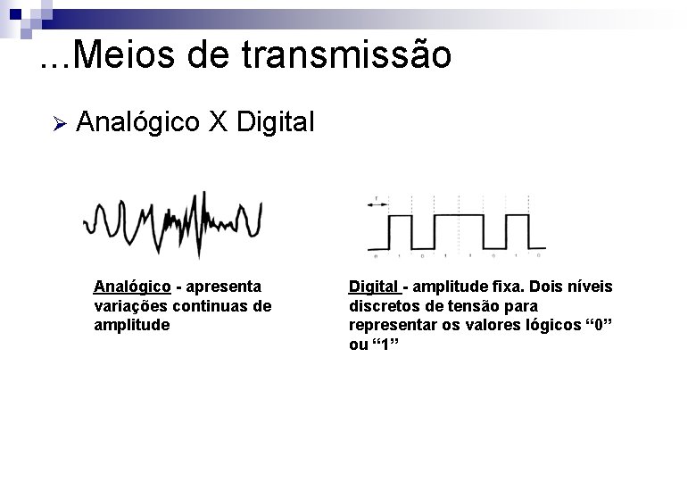 . . . Meios de transmissão Ø Analógico X Digital Analógico - apresenta variações