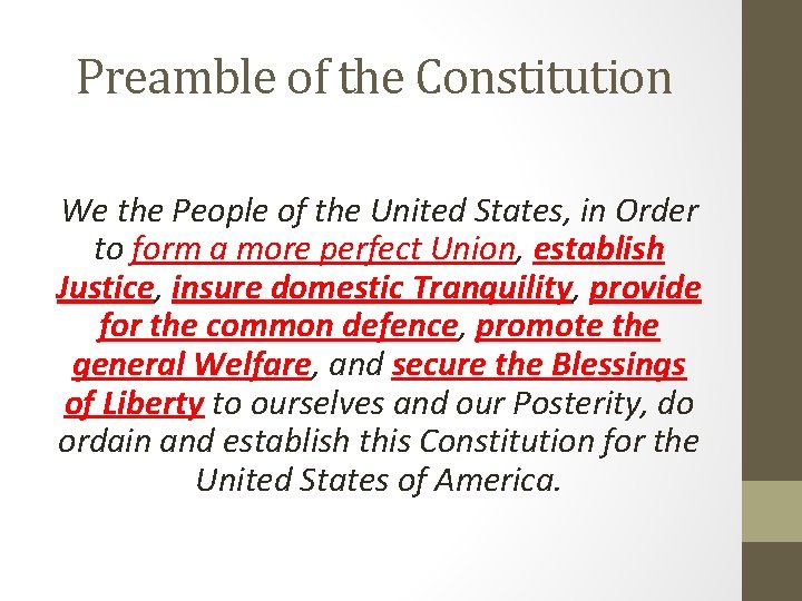 Preamble of the Constitution We the People of the United States, in Order to