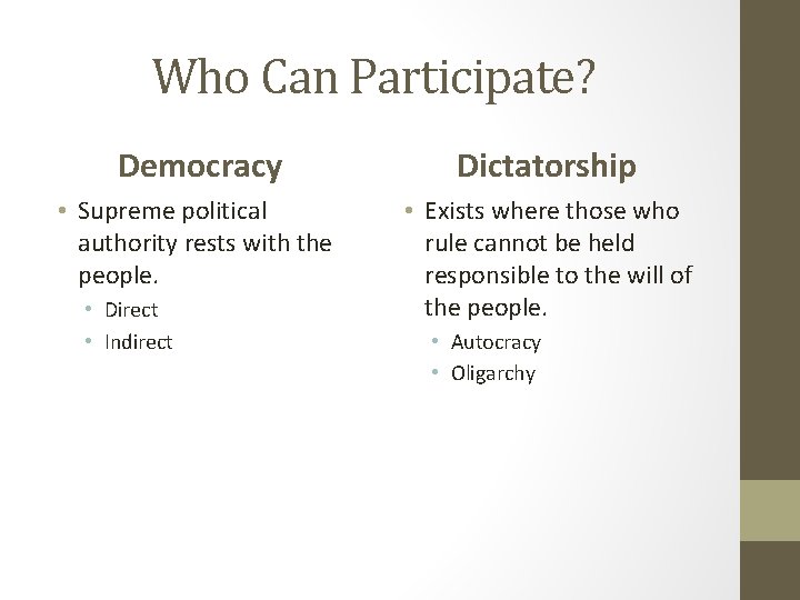 Who Can Participate? Democracy Dictatorship • Supreme political authority rests with the people. •