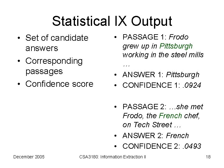 Statistical IX Output • Set of candidate answers • Corresponding passages • Confidence score