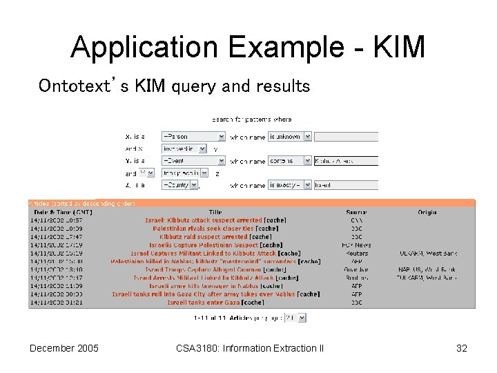 Application Example - KIM Ontotext’s KIM query and results December 2005 CSA 3180: Information