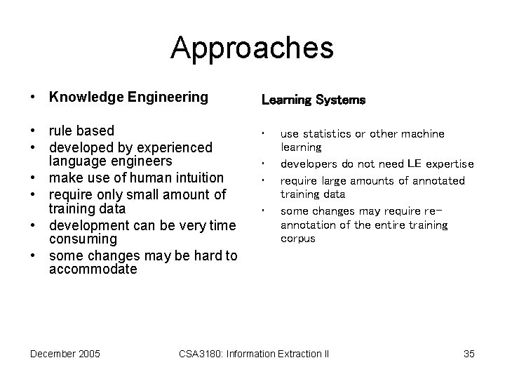 Approaches • Knowledge Engineering Learning Systems • rule based • developed by experienced language