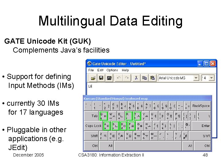 Multilingual Data Editing GATE Unicode Kit (GUK) Complements Java’s facilities • Support for defining