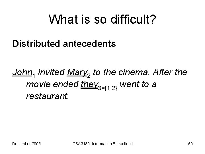 What is so difficult? Distributed antecedents John 1 invited Mary 2 to the cinema.