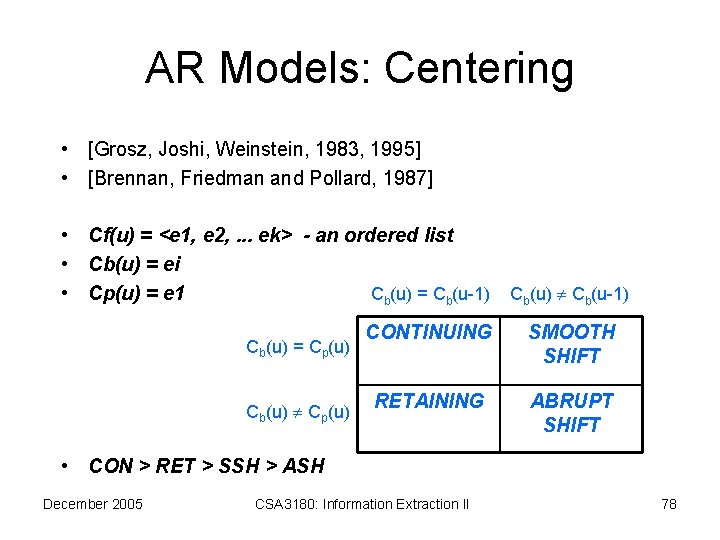 AR Models: Centering • [Grosz, Joshi, Weinstein, 1983, 1995] • [Brennan, Friedman and Pollard,