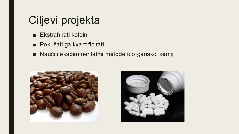Ciljevi projekta ■ Ekstrahirati kofein ■ Pokušati ga kvantificirati ■ Naučiti eksperimentalne metode u
