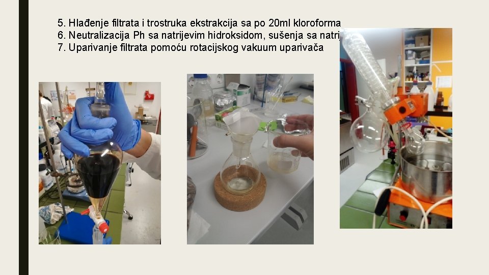 5. Hlađenje filtrata i trostruka ekstrakcija sa po 20 ml kloroforma 6. Neutralizacija Ph