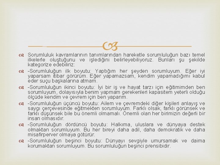  Sorumluluk kavramlarının tanımlarından hareketle sorumluluğun bazı temel ilkelerle oluştuğunu ve işlediğini belirleyebiliyoruz. Bunları