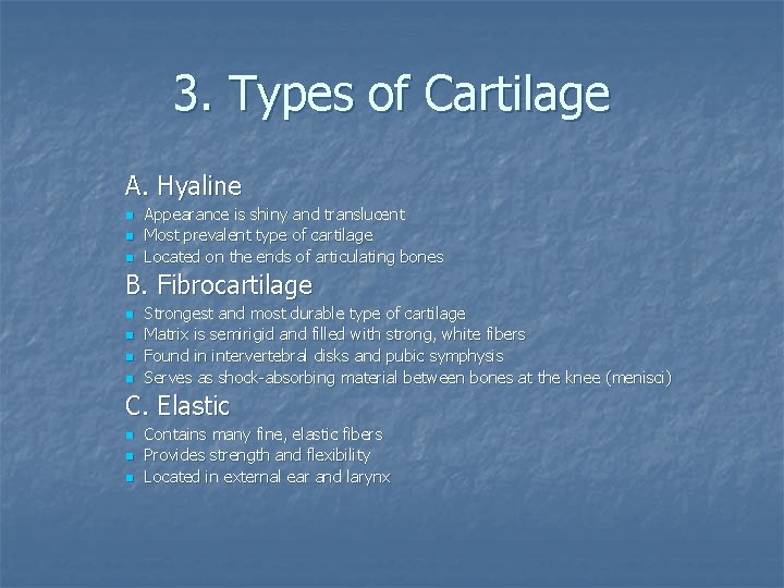 3. Types of Cartilage A. Hyaline n n n Appearance is shiny and translucent