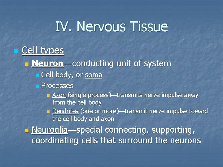 IV. Nervous Tissue n Cell types n Neuron—conducting unit of system Cell body, or