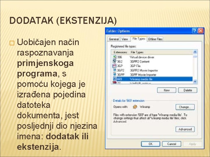 DODATAK (EKSTENZIJA) � Uobičajen način raspoznavanja primjenskoga programa, s pomoću kojega je izrađena pojedina