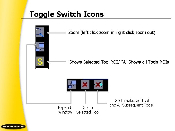 Toggle Switch Icons Zoom (left click zoom in right click zoom out) Shows Selected
