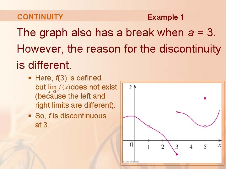 CONTINUITY Example 1 The graph also has a break when a = 3. However,