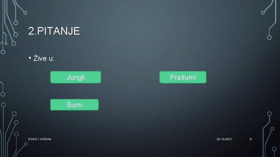 2. PITANJE • Žive u: Jungli Prašumi Šumi ROKO I GORAN 28. 10. 2021.