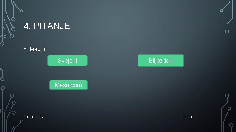4. PITANJE • Jesu li: Svejedi Biljožderi Mesožderi ROKO I GORAN 28. 10. 2021.