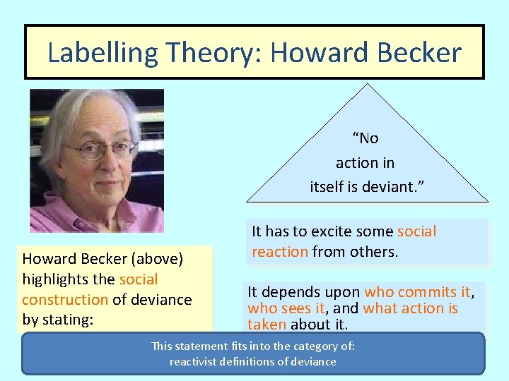 Labelling Theory: Howard Becker “No action in itself is deviant. ” Howard Becker (above)