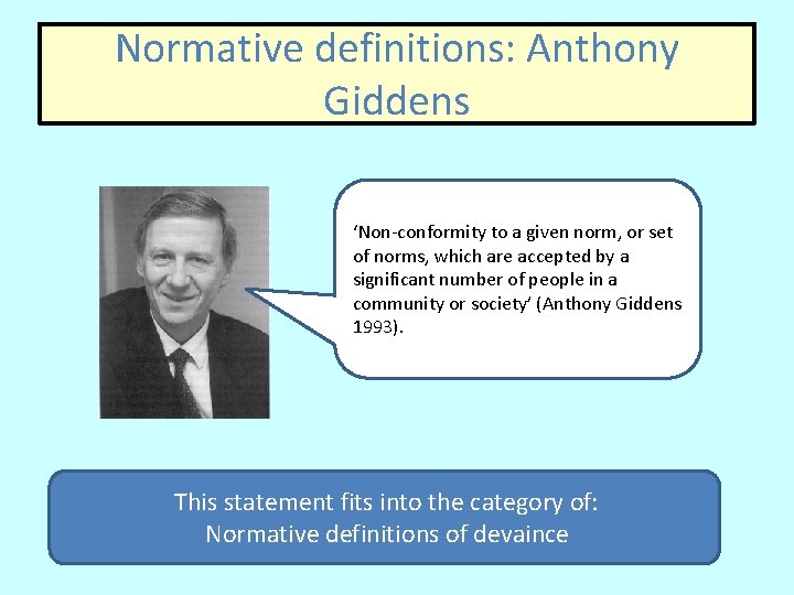 Normative definitions: Anthony Giddens ‘Non-conformity to a given norm, or set of norms, which