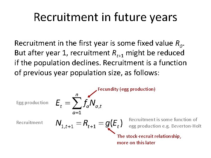 Recruitment in future years Recruitment in the first year is some fixed value R