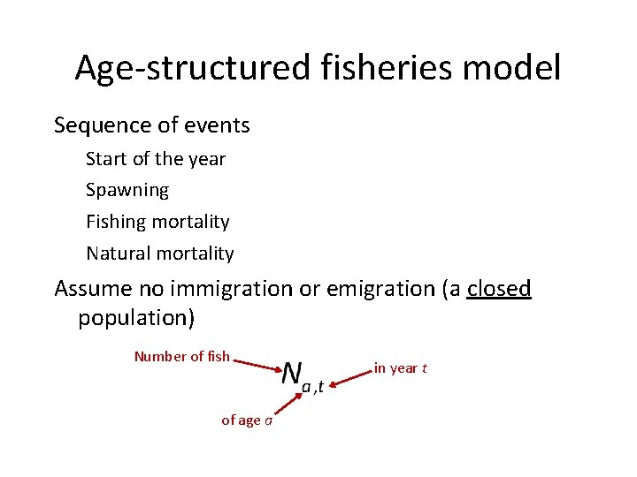 Age-structured fisheries model Sequence of events Start of the year Spawning Fishing mortality Natural