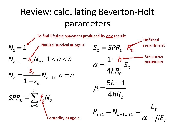 Review: calculating Beverton-Holt parameters To find lifetime spawners produced by one recruit Natural survival