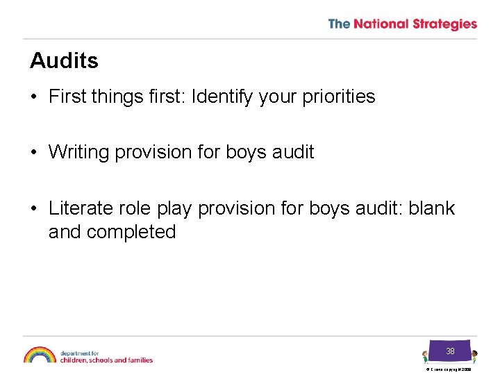 Audits • First things first: Identify your priorities • Writing provision for boys audit