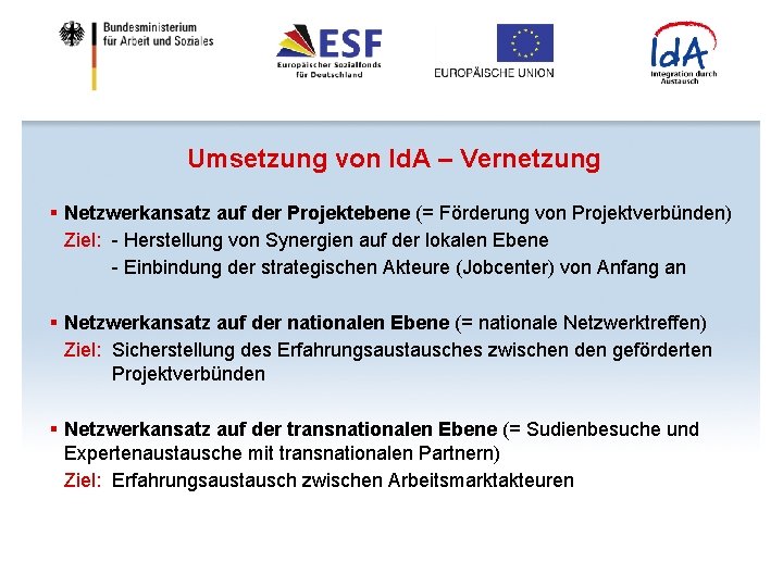 Umsetzung von Id. A – Vernetzung § Netzwerkansatz auf der Projektebene (= Förderung von