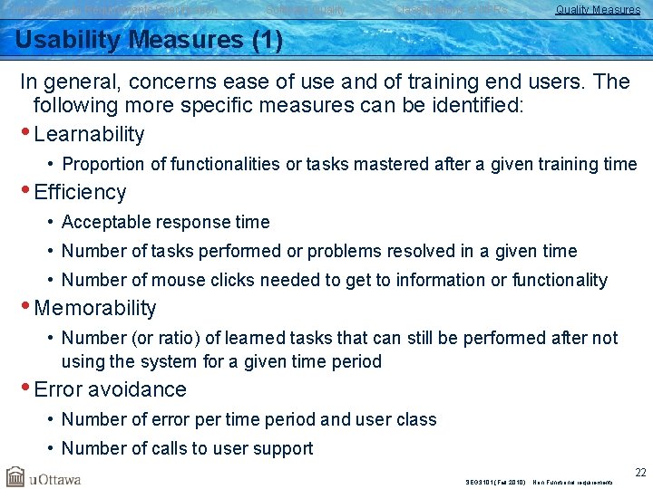 Introduction to Requirements Specification Software Quality Classifications of NFRs Quality Measures Usability Measures (1)