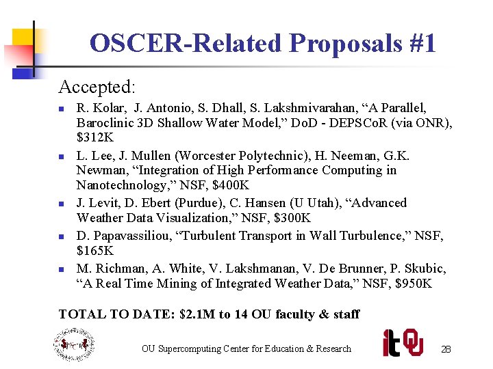 OSCER-Related Proposals #1 Accepted: n n n R. Kolar, J. Antonio, S. Dhall, S.