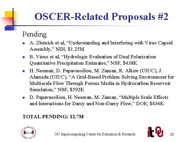 OSCER-Related Proposals #2 Pending n n A. Zlotnick et al, “Understanding and Interfering with