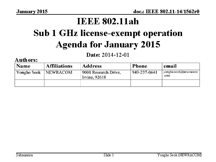 January 2015 doc. : IEEE 802. 11 -14/1562 r 0 IEEE 802. 11 ah