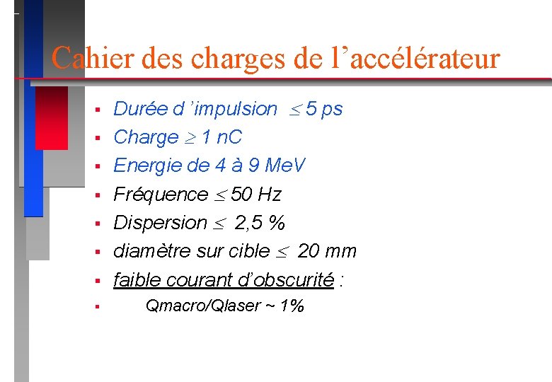 Cahier des charges de l’accélérateur § § § § Durée d ’impulsion 5 ps