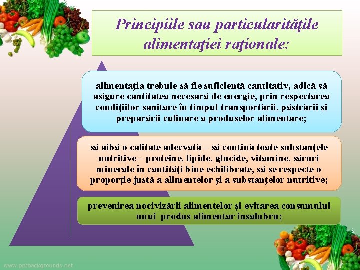 Principiile sau particularităţile alimentaţiei raţionale: alimentaţia trebuie să fie suficientă cantitativ, adică să asigure