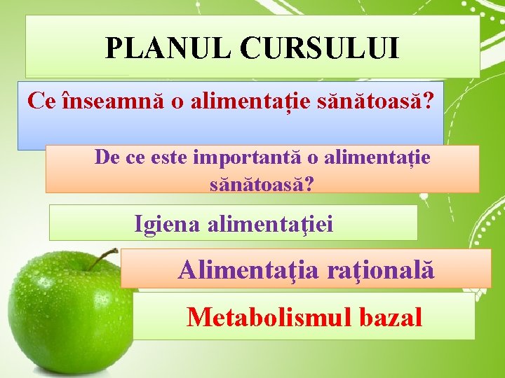 PLANUL CURSULUI Ce înseamnă o alimentație sănătoasă? De ce este importantă o alimentație sănătoasă?