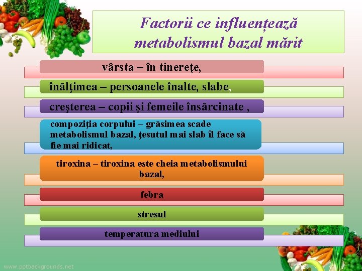 Factorii ce influențează metabolismul bazal mărit vârsta – în tinereţe, înălţimea – persoanele înalte,